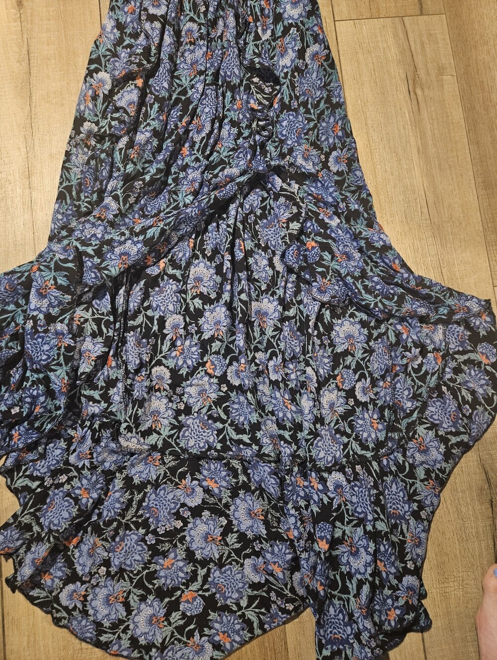 Angie Navy Maxi Dress with Blue and Black Floral Print. Front Tie And Opening. - Picture 5 of 6